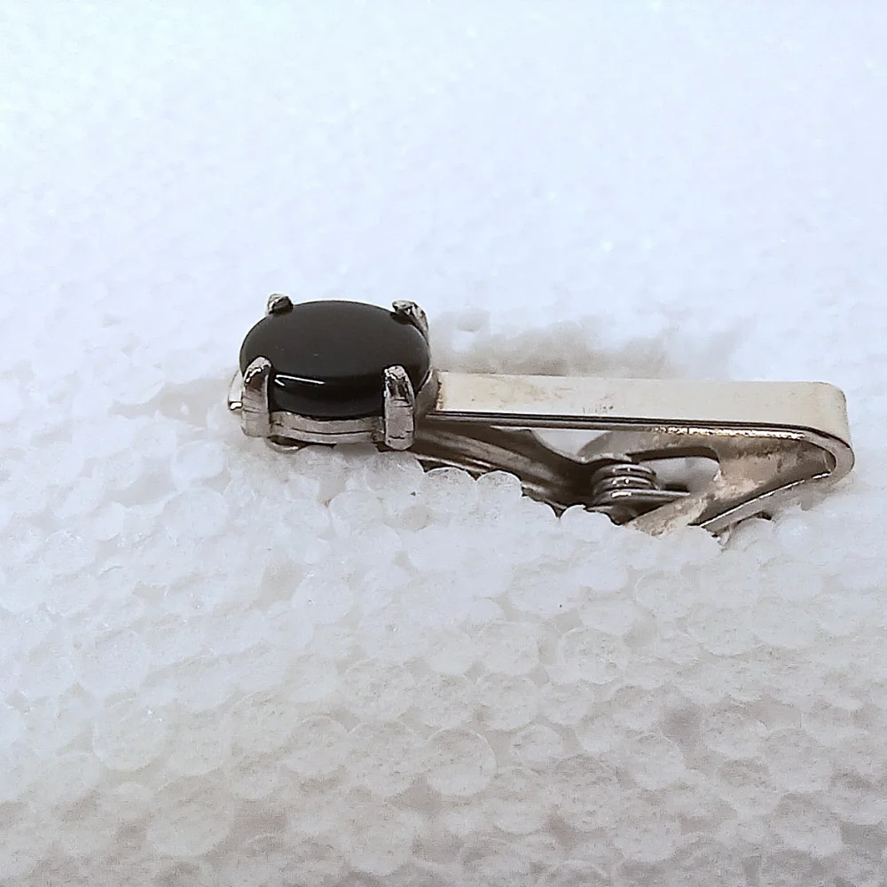 Silver Tie Clip Onyx Natural Black Onyx, Elegant Classic Timeless Vintage